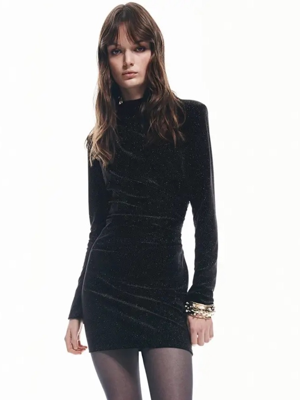 H&M Black Glitter Velvet Shoulder Pad Ruched Mini Dress Size XL